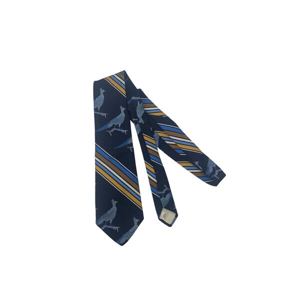 Jack Robbins Mens Necktie Pheasants Vintage 70s Blue & Gold Stripes 58” X 4.25” - Picture 1 of 4